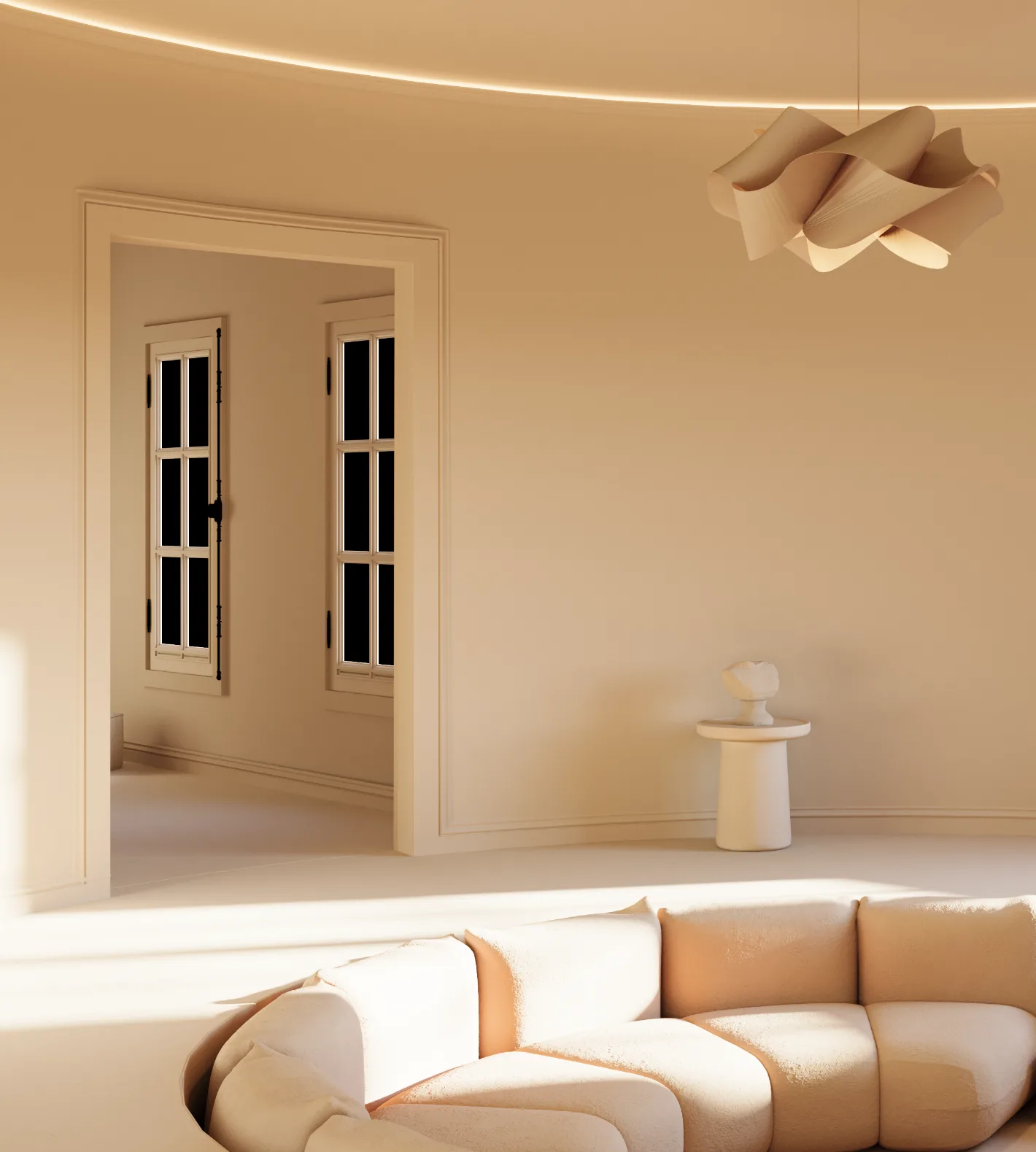 Intérieur circulaire en noir et blanc avec lumière zénithale